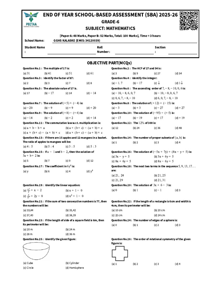 Final Paper Mcqs - Pectaa Final Term 2025-26 Math 6th | PDF