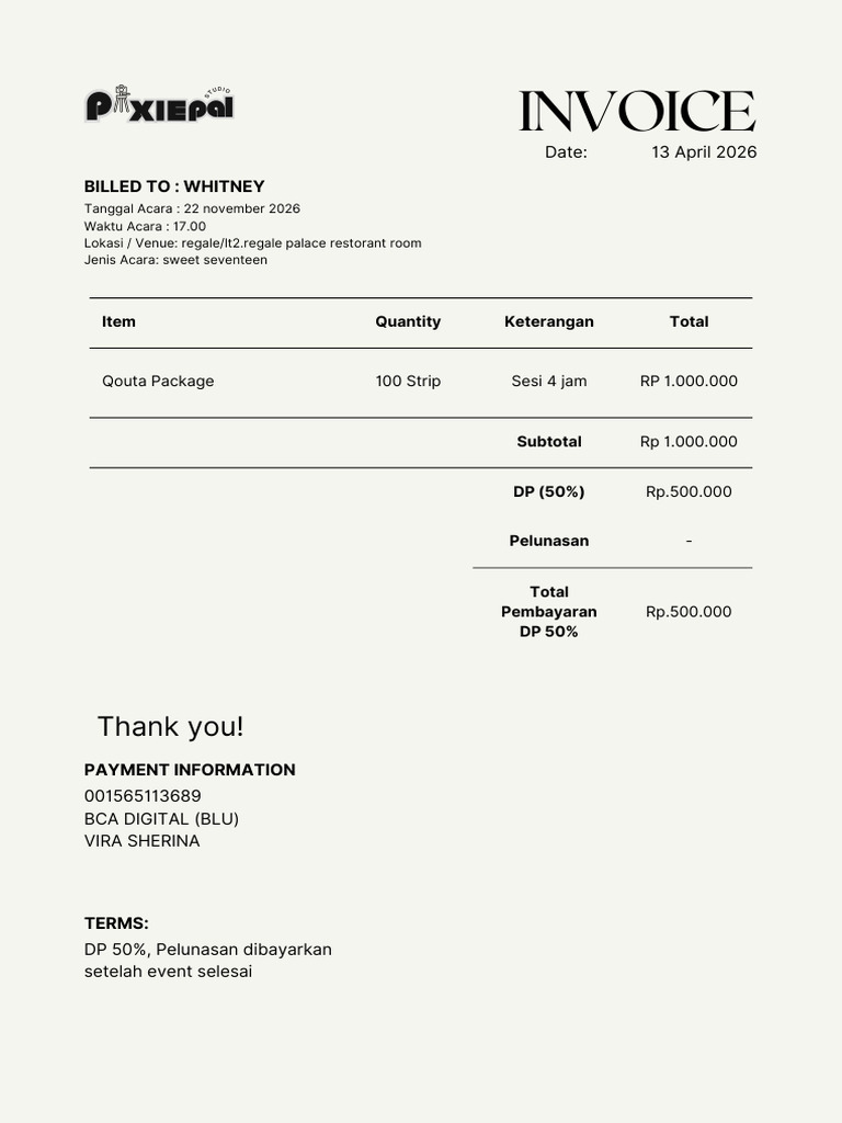 Invoice Dp 50% Photobooth (Whitney) | PDF