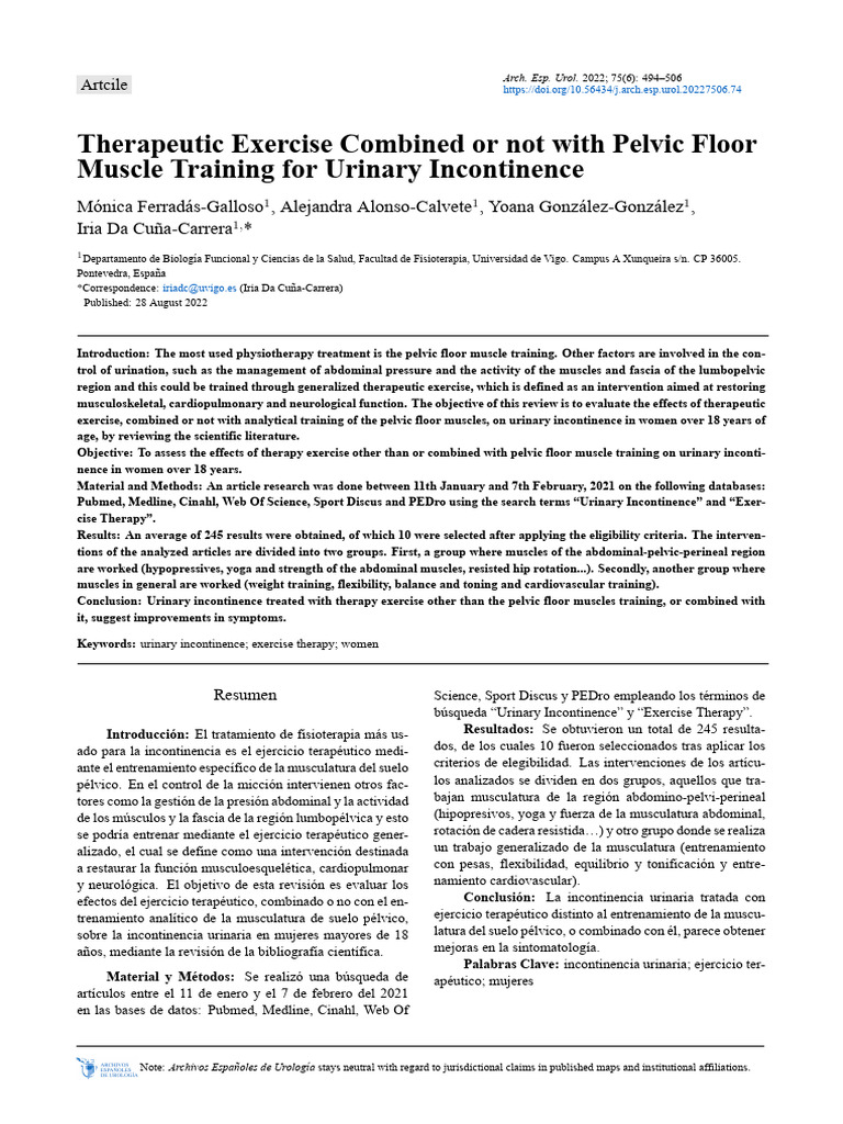 Therapeutic Exercise Combined or Not With Pelvic Floor Muscle Training ...