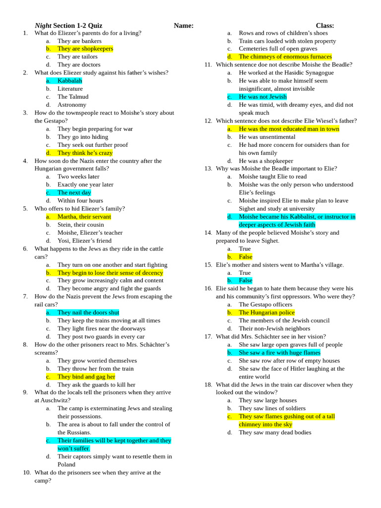 Night Section 1-2 Quiz KEY | PDF | Jews And Judaism