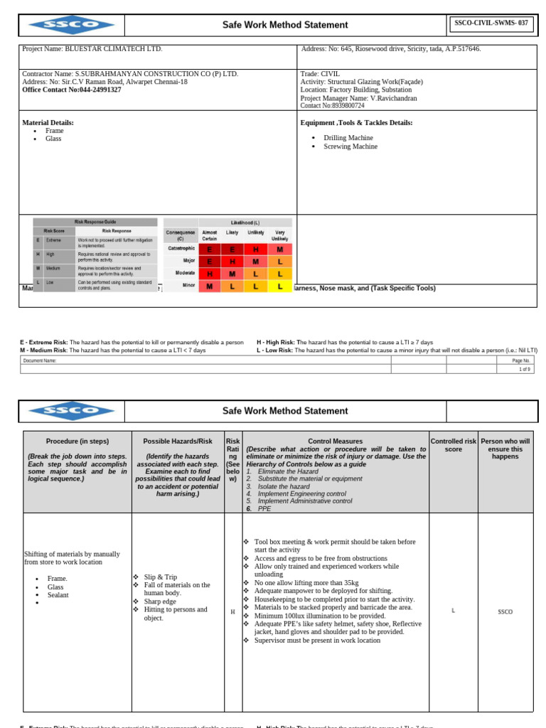 Ssco-swms-civil- 040 Glazing Works | PDF | Equipment | Occupational ...