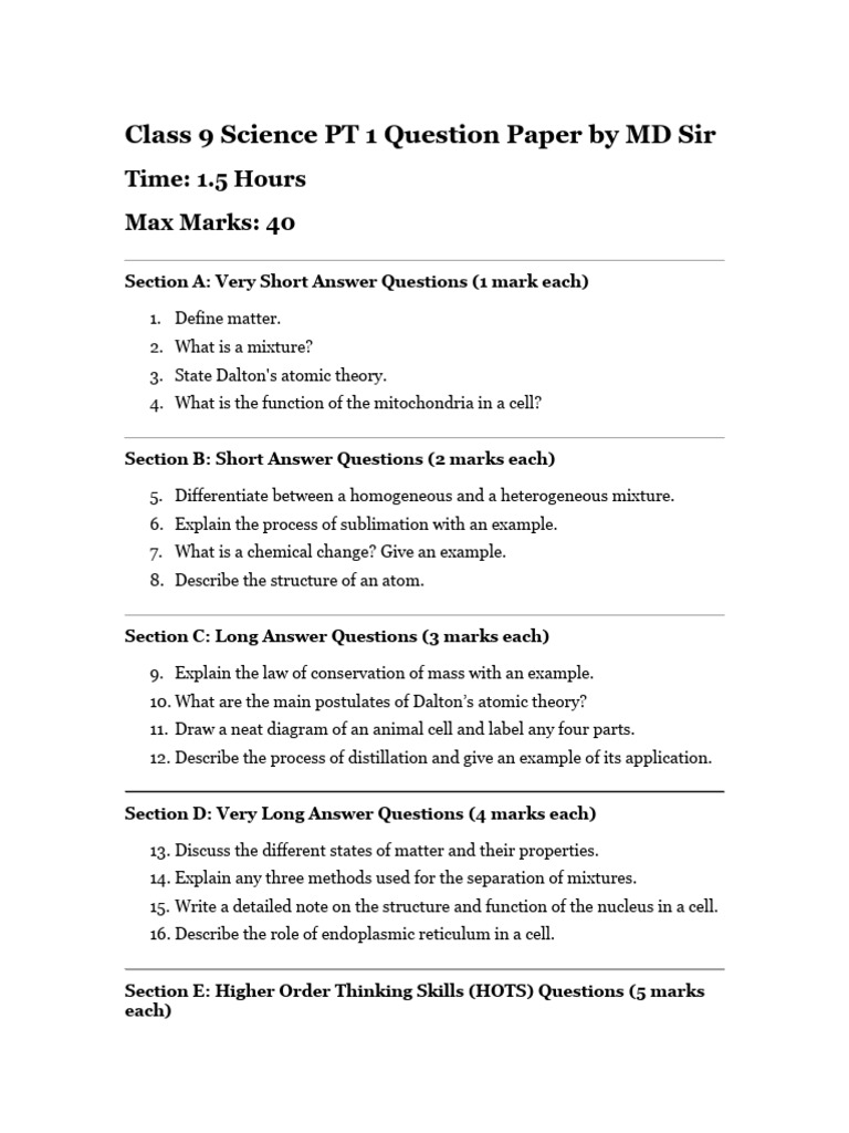Class 9 Science PT 1 QP With Answer by MD Sir | PDF | Chemical ...