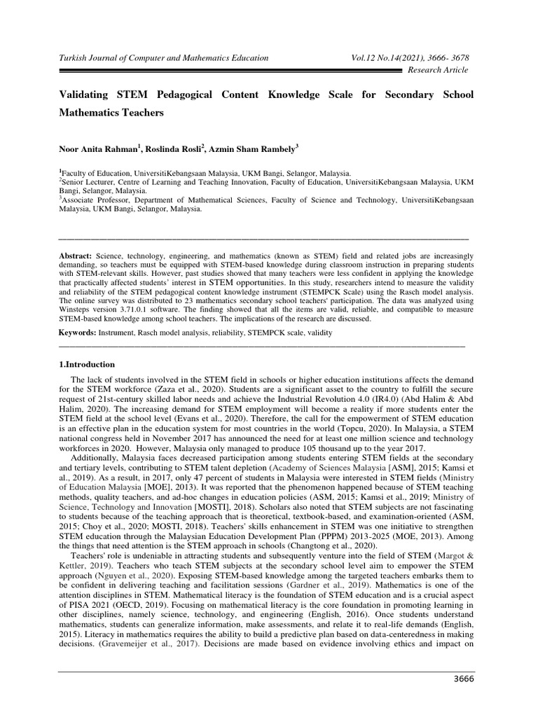 Validating Stem Pedagogical Content Knowledge Scale for Secondary ...