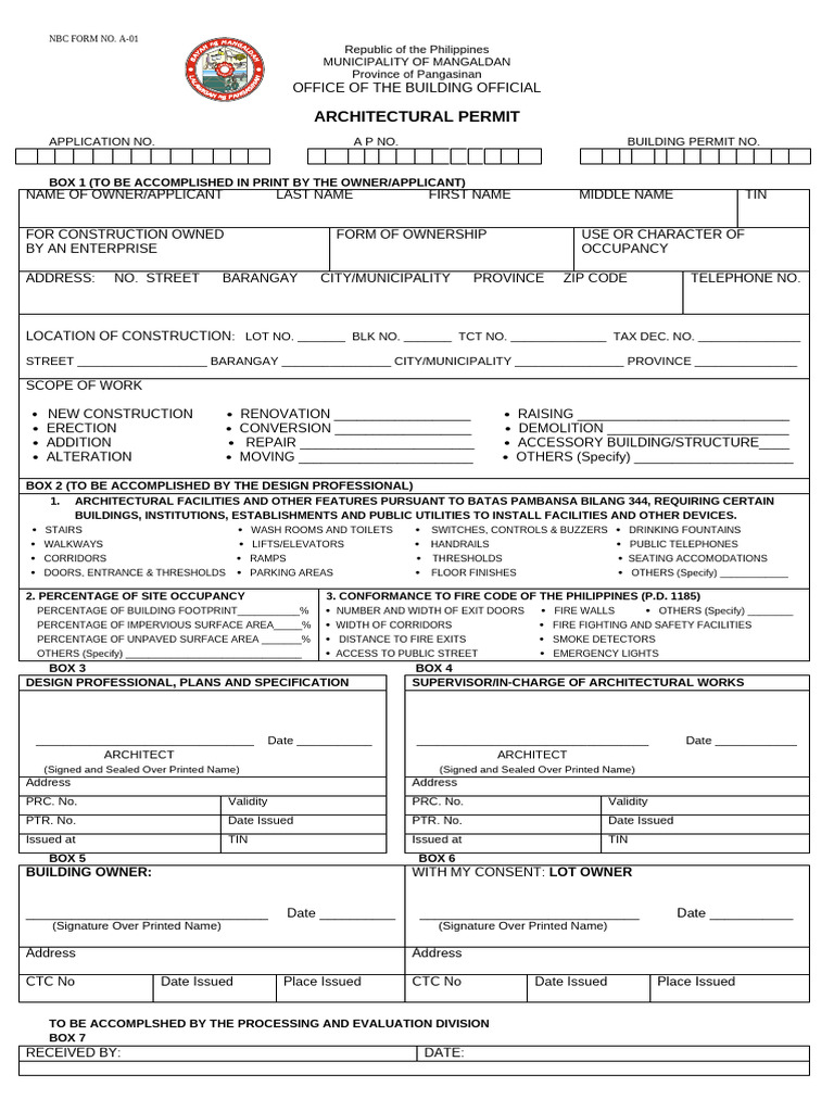 Nbc Form No. a-01 Architectural Permit Form | PDF | Elevator