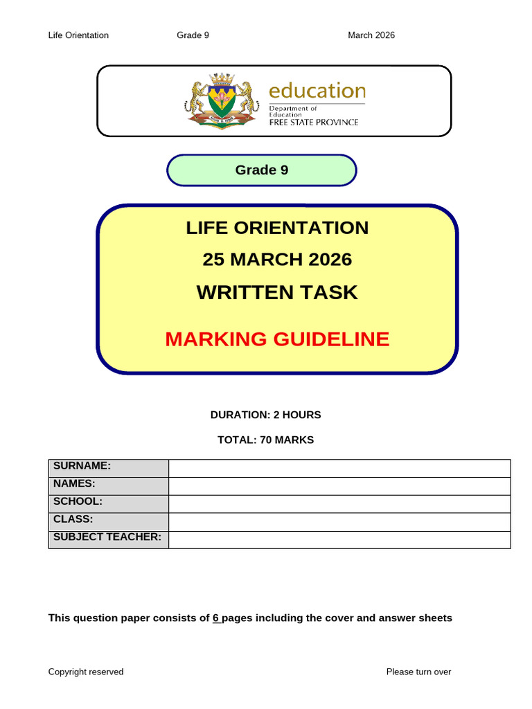 Marking Guideline Lo March 2026 Grade 9 Written Task | PDF ...