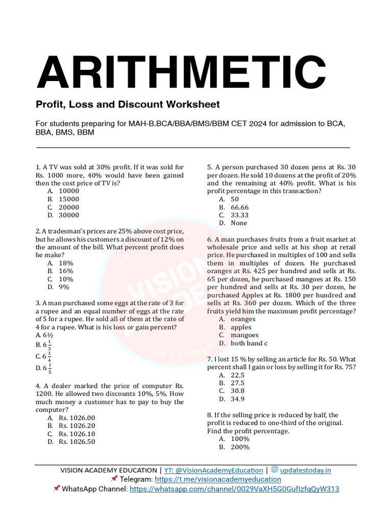 Day-11 Maths Profit Loss Worksheet (Vision Academy) | PDF | Percentage ...