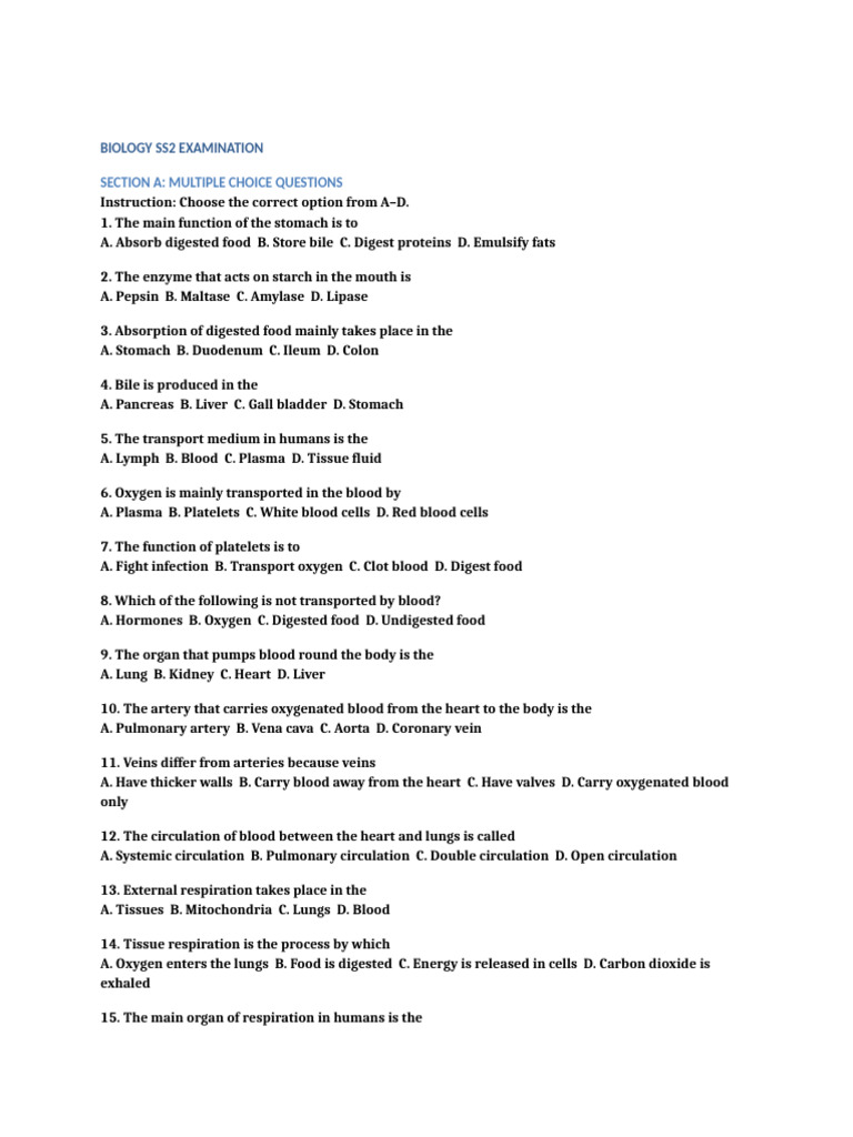 Biology SS2 Exam WAEC Format | PDF