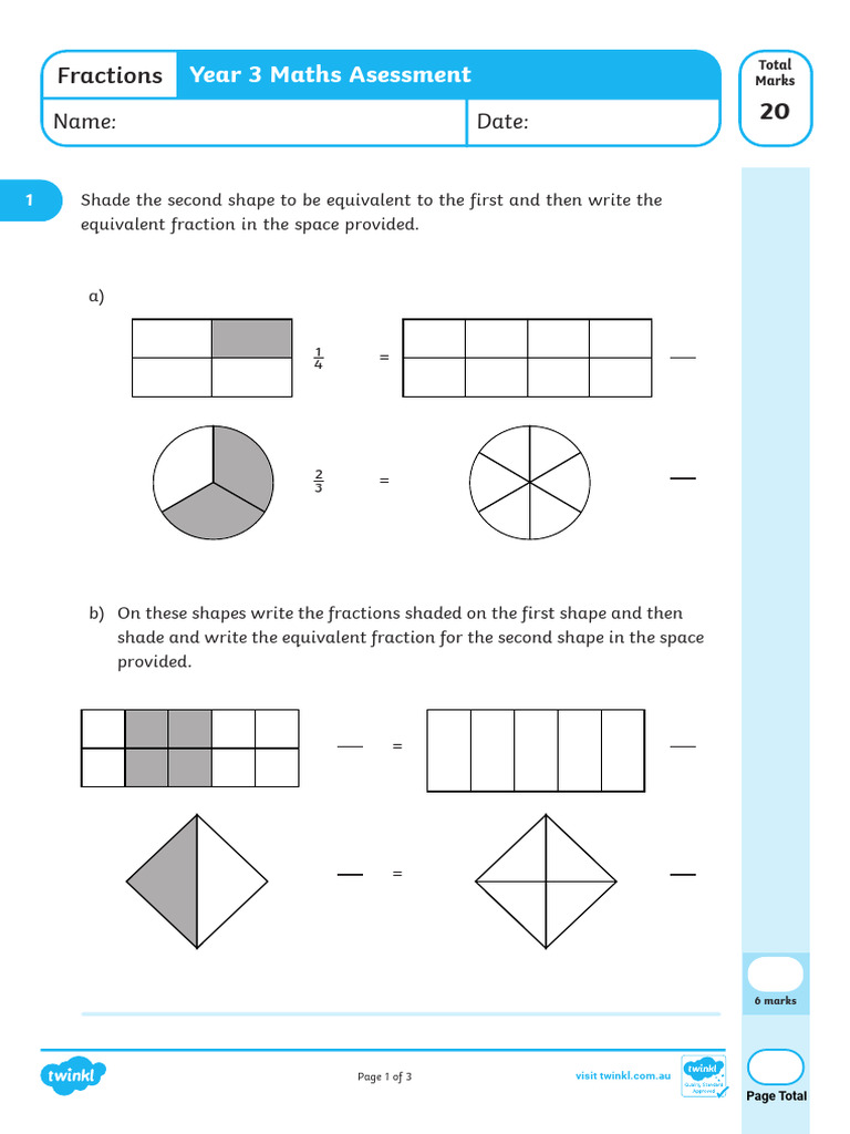 Year 3 Maths Assessment Fractions | PDF | Mathematics | Arithmetic
