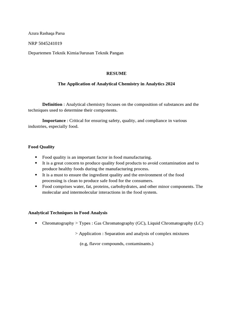 RESUME THE APPLICATION OF ANALYTICAL CHEMISTRY IN ANALYTICS | PDF ...