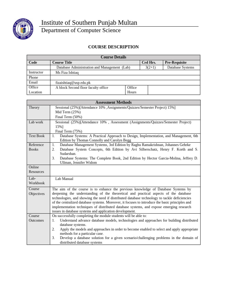 Database Administration and Management Lab Outline | PDF | Databases ...