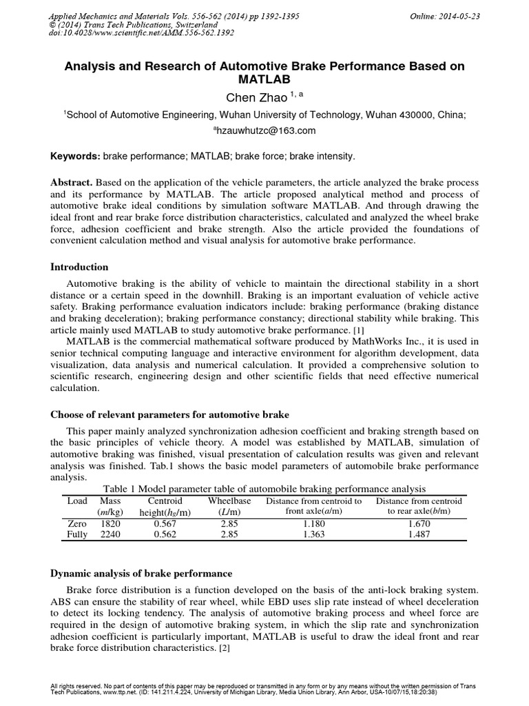 Analysis and Research of Automotive Brake Performance Based on MATLAB ...