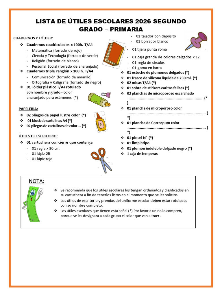 Lista de Útiles Escolares 2026 Segundo Grado | PDF | Papelería ...