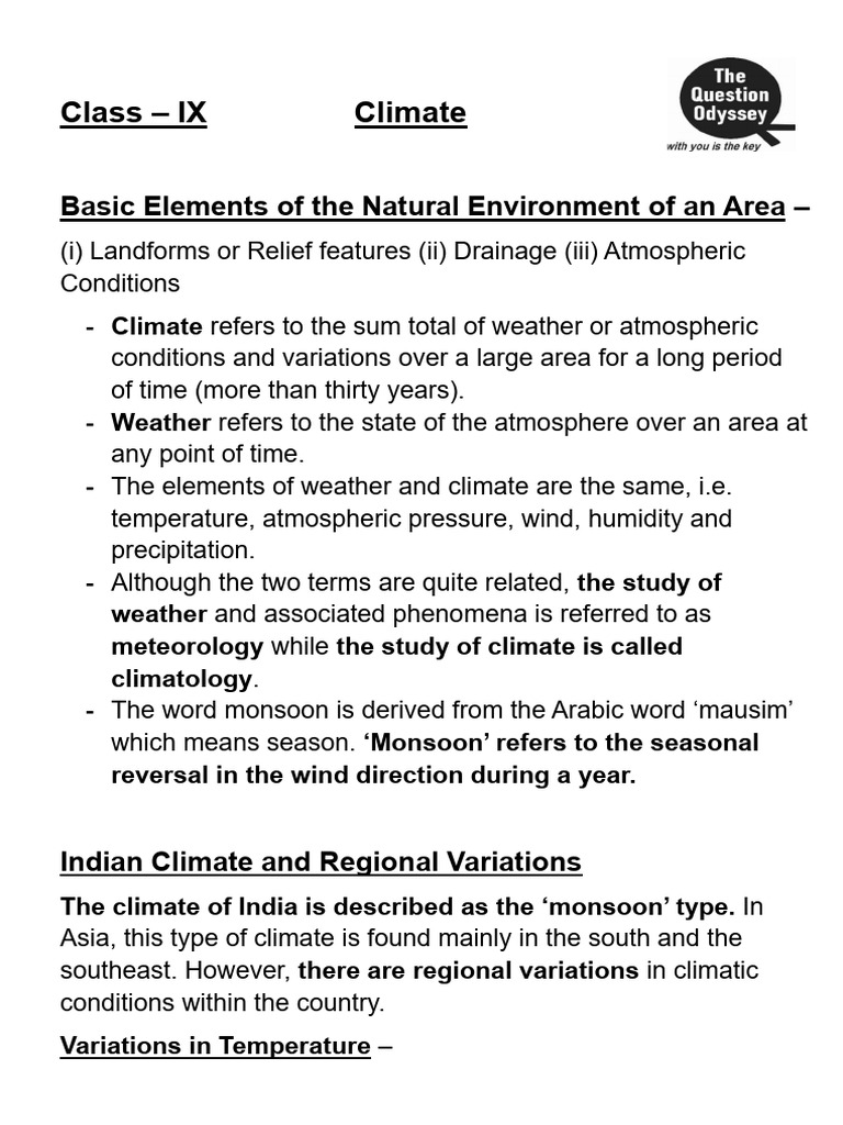 Climate (Geography) - Key Notes | PDF | Monsoon | Wound