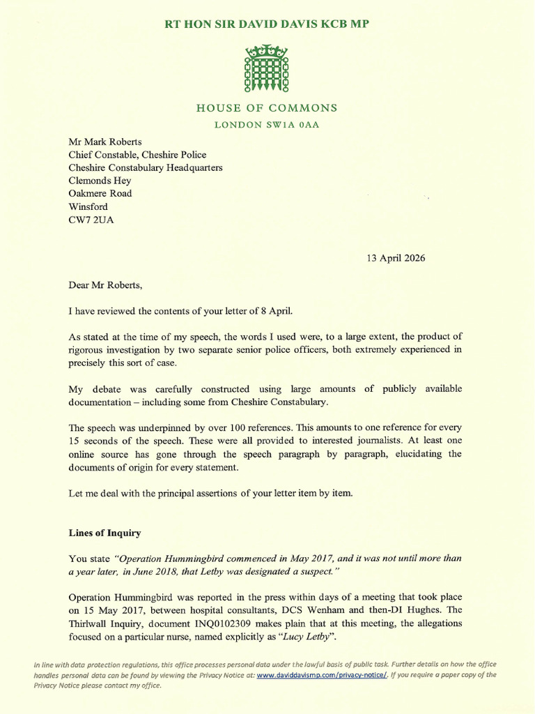 Sir David Davis Letter To Chief Constable Mark Roberts - 13 April 2026 ...