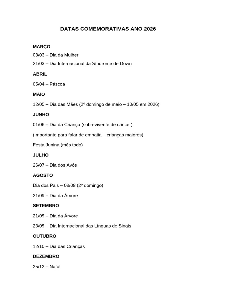 Datas Comemorativas Ano 2026 | PDF