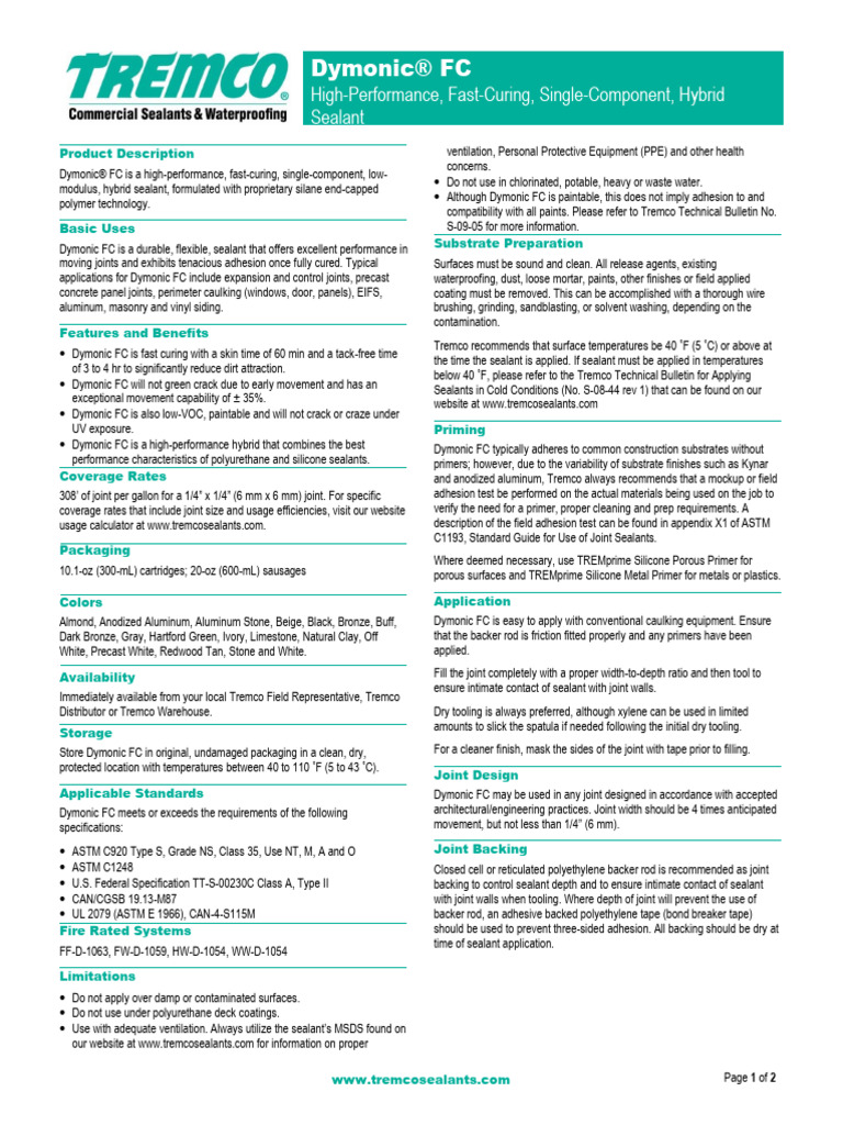 Tremco Dymonic FC Data Sheet | PDF | Silicone | Paint