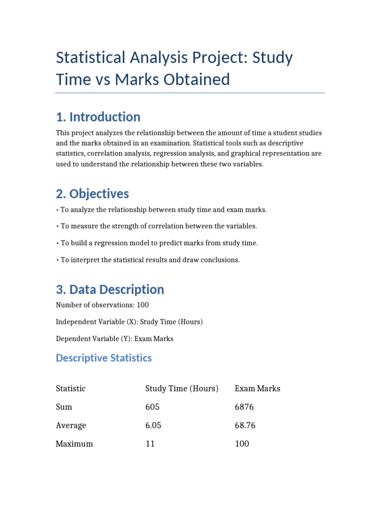 Study_Time_vs_Marks_Final_Project | PDF | Statistics | Linear Regression