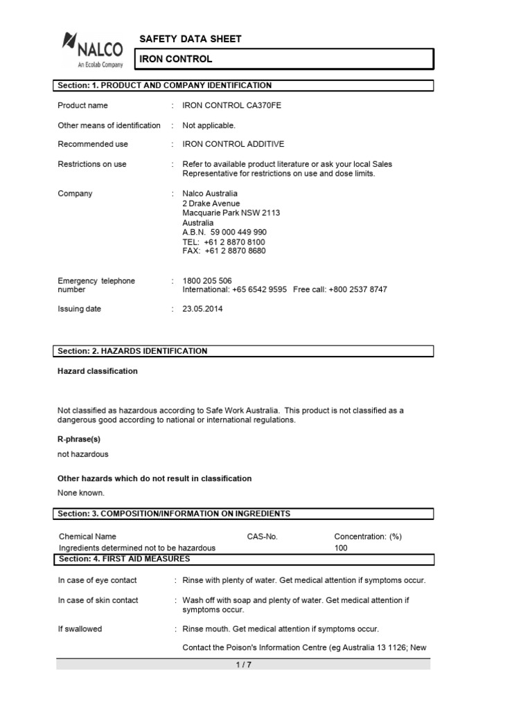 MSDS IRON CONTROL | PDF | Toxicity | Dangerous Goods
