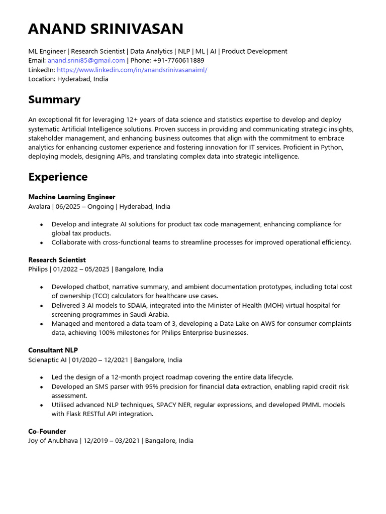 Anand Srinivasan Resume | PDF | Artificial Intelligence | Intelligence ...
