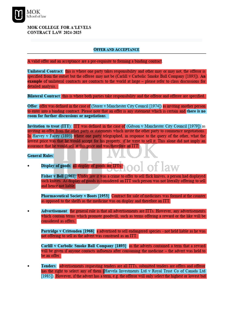 A Level Law - Contract Law - MOK | PDF | Offer And Acceptance | Breach ...