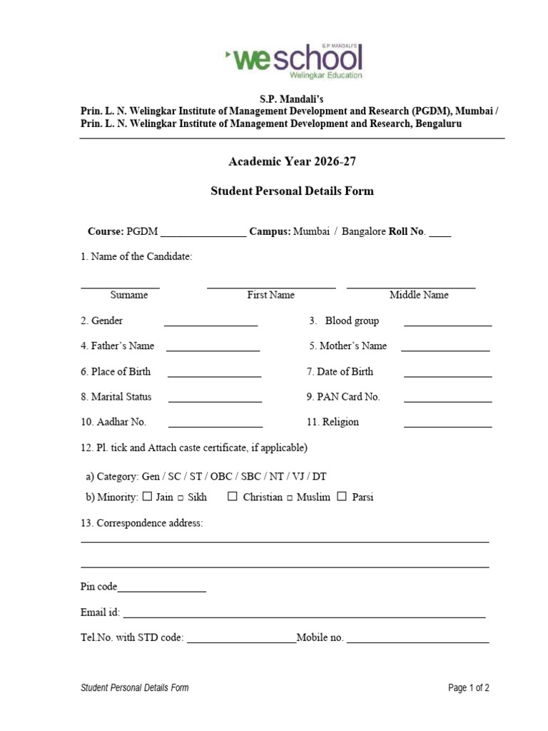 PGDM 2026 27 Personal Details Form | PDF