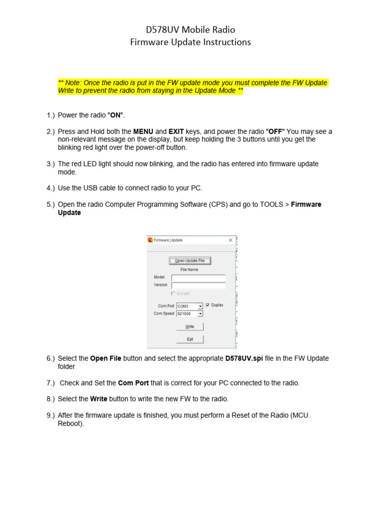D578UV FW Update Including MCU Reboot Instructions | PDF