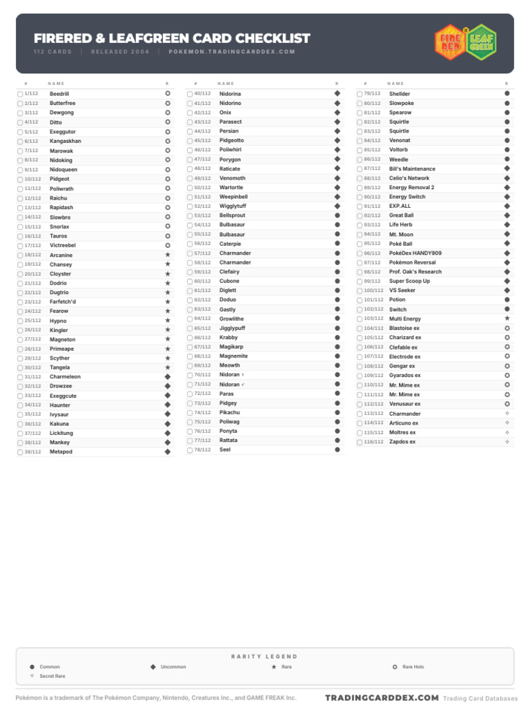 Pokemon FireRed and LeafGreen Card Checklist | PDF | Pokémon