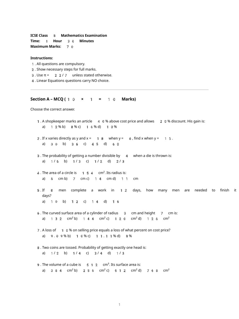 Icse Class8 Maths Question Paper Extreme | PDF | Area | Mathematics
