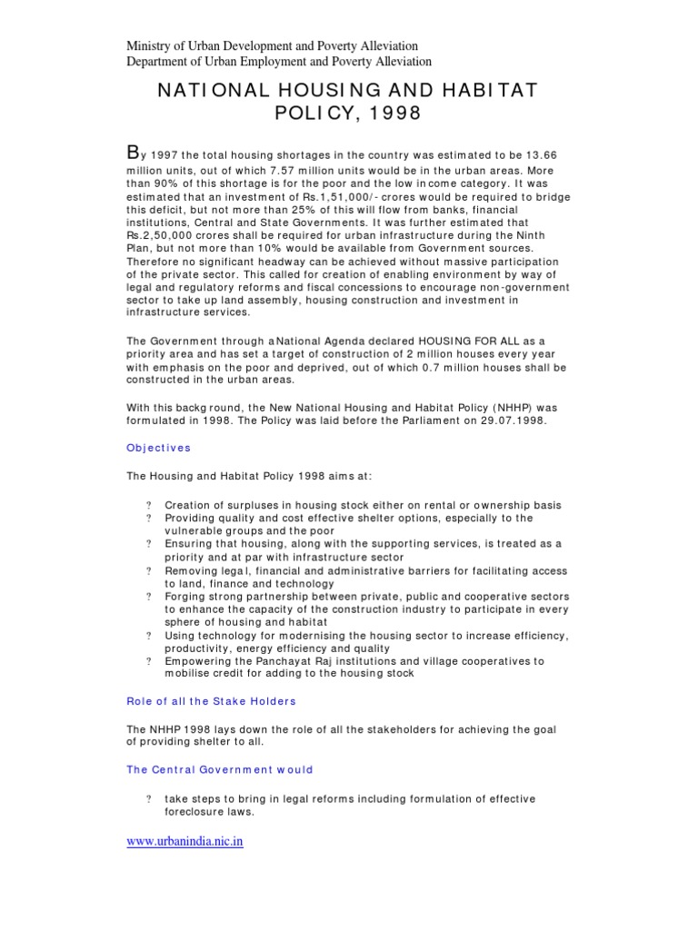 Policy Housing Habitat Policy-1998 | PDF | Poverty Reduction | Poverty