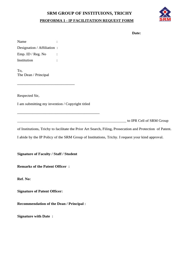 Patent - IP Facilitation Request - Proforma 1 IPR (1) | PDF