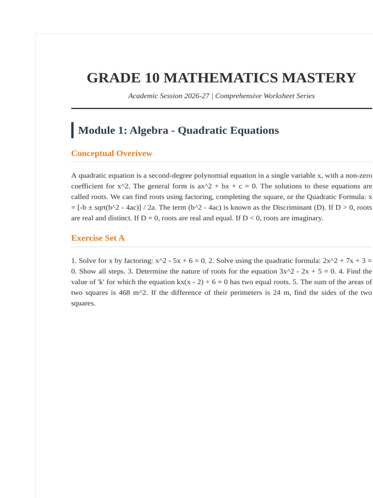 Grade 10 Maths Worksheet-1 | PDF | Equations | Quadratic Equation