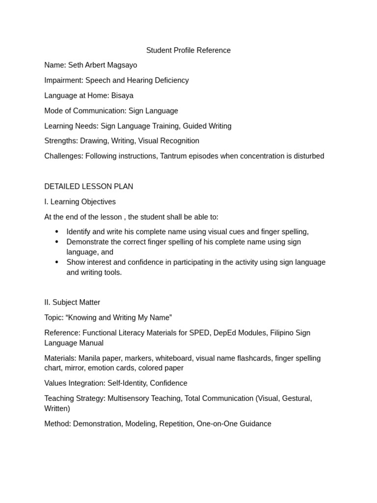 Lesson Plan for Child - Copy | PDF | Sign Language | Lesson Plan