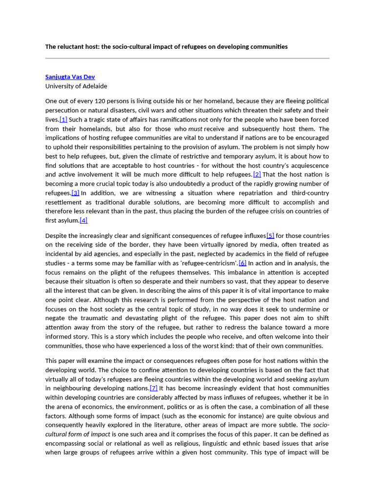 2002 the Reluctant Host the Socio Cultural Impact of Refugees on ...