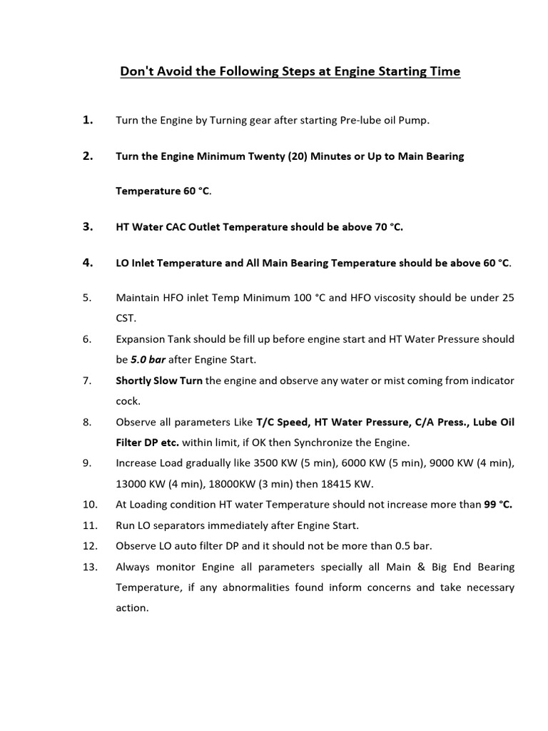 Engine Starting Procedure | PDF