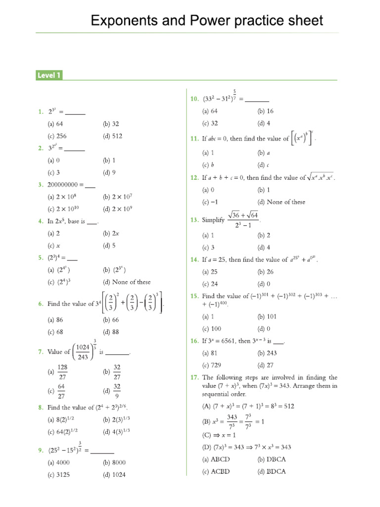 Exponents and Power Practice Sheet | PDF