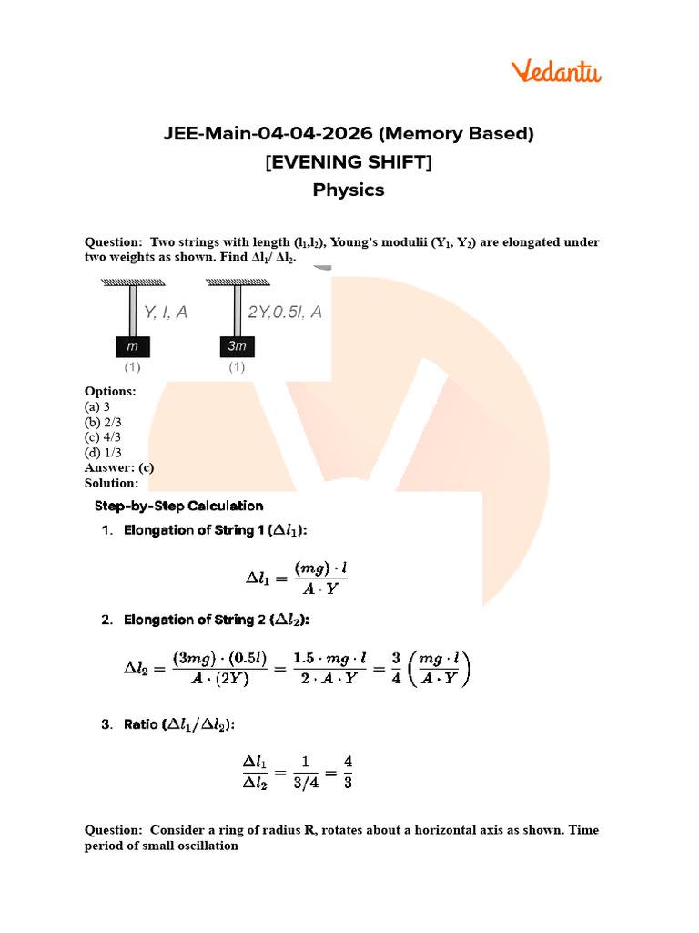 JEE Main 2026 4th April Shift 2 Physics Question Paper With Solutions ...