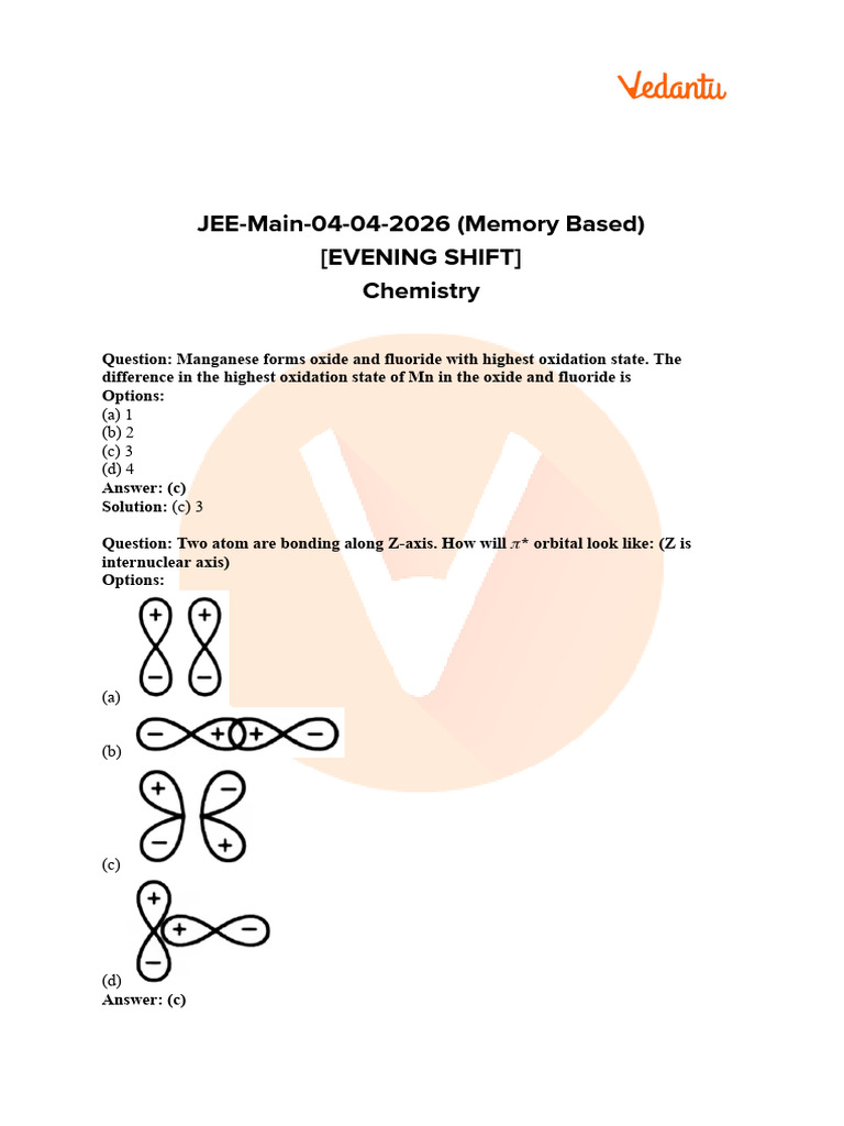 JEE Main 2026 April 4 Shift 2 Chemistry Question Paper - FREE PDF and ...