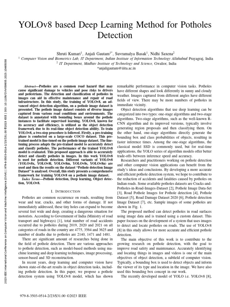 YOLOv8 Based Deep Learning Method for Potholes Detection | PDF ...