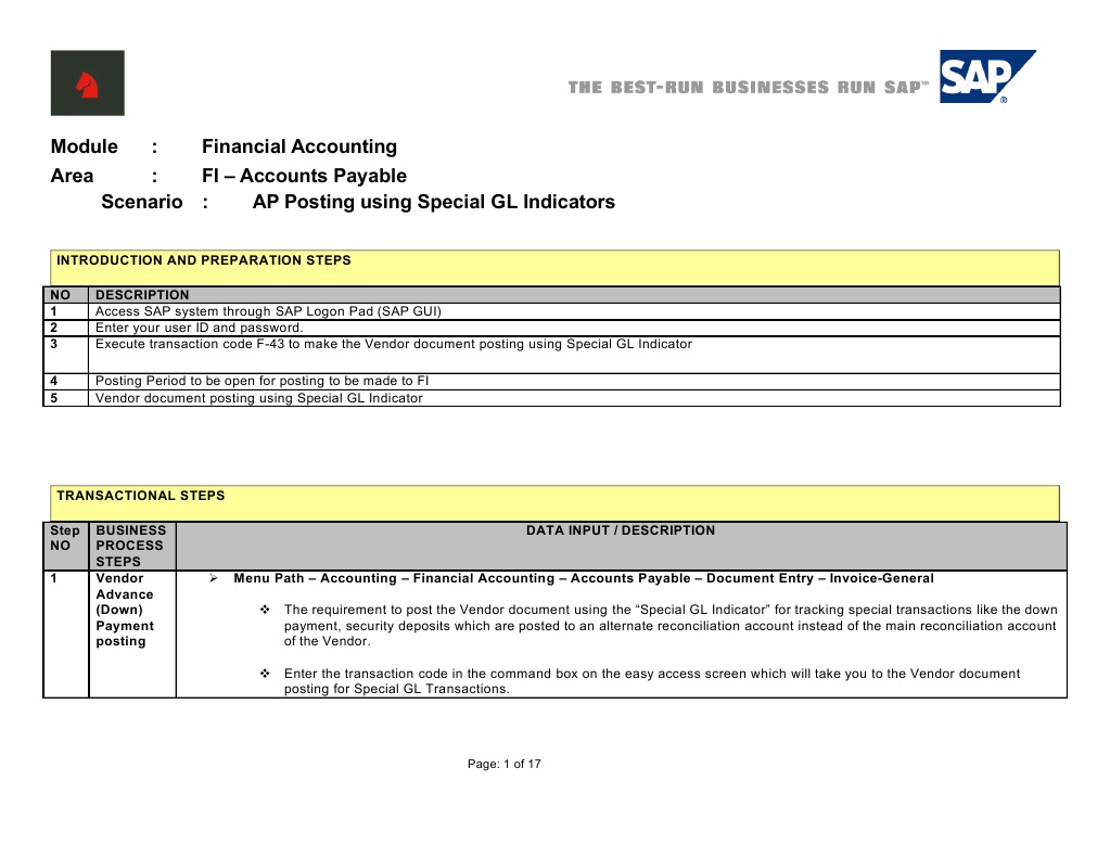 SAP F43 Transaction Guide Vendor Posting Using Special GL Indicator PDF Accounts Payable