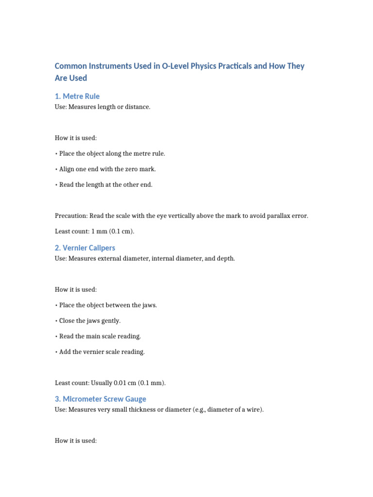 o Level Physics Practical Instruments Notes | PDF