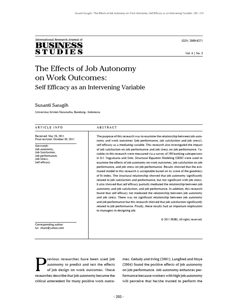 The Effects of Job Autonomy on Work Outcomes Self Efficacy as an ...