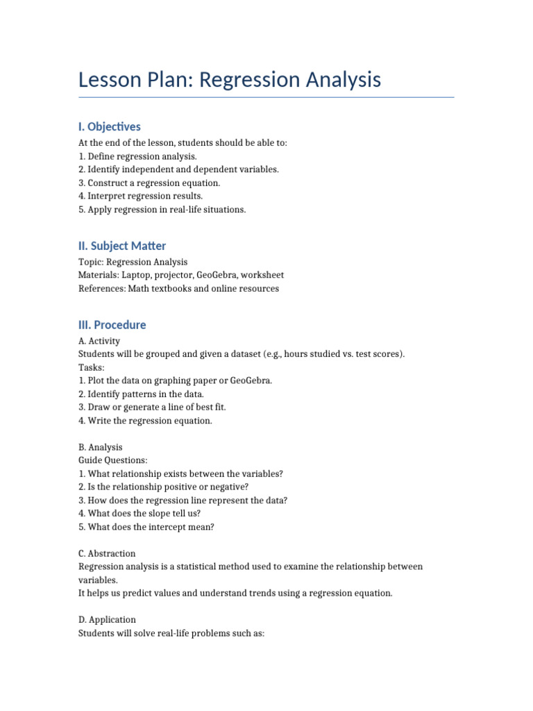 Regression Analysis Lesson Plan Updated | PDF