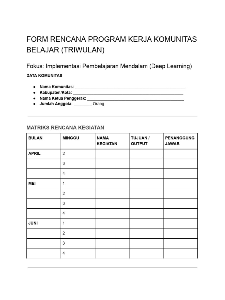 Form Rencana Program Kerja Komunitas Belajar - Deep Learning | PDF