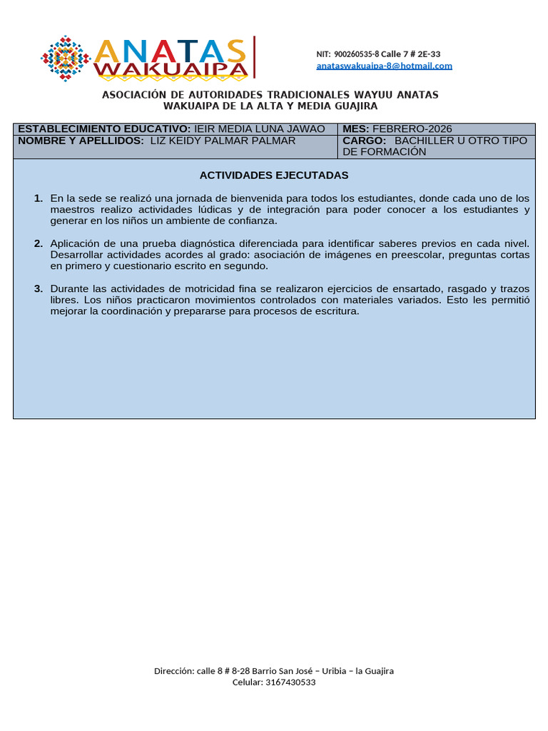 Informe de Actividades Liz Keidy Palmar Salirra | PDF