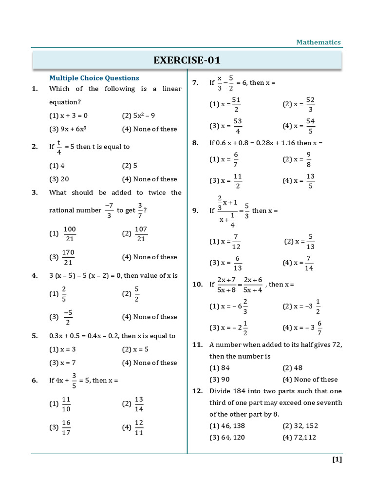 Exercise - Solutions - Linear Equations in One Variable | PDF ...