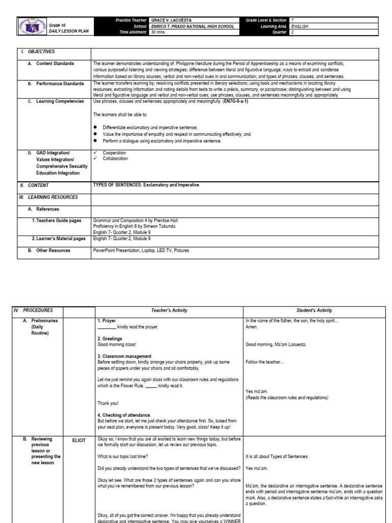 Lacuesta Grace v. Detailed Lesson Plan in Grammar 1 | PDF | Sentence ...