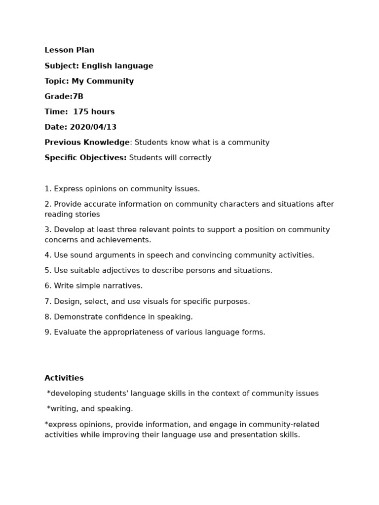 lesson plan - My Community grade 7 B week 1 August term 2026 | PDF ...