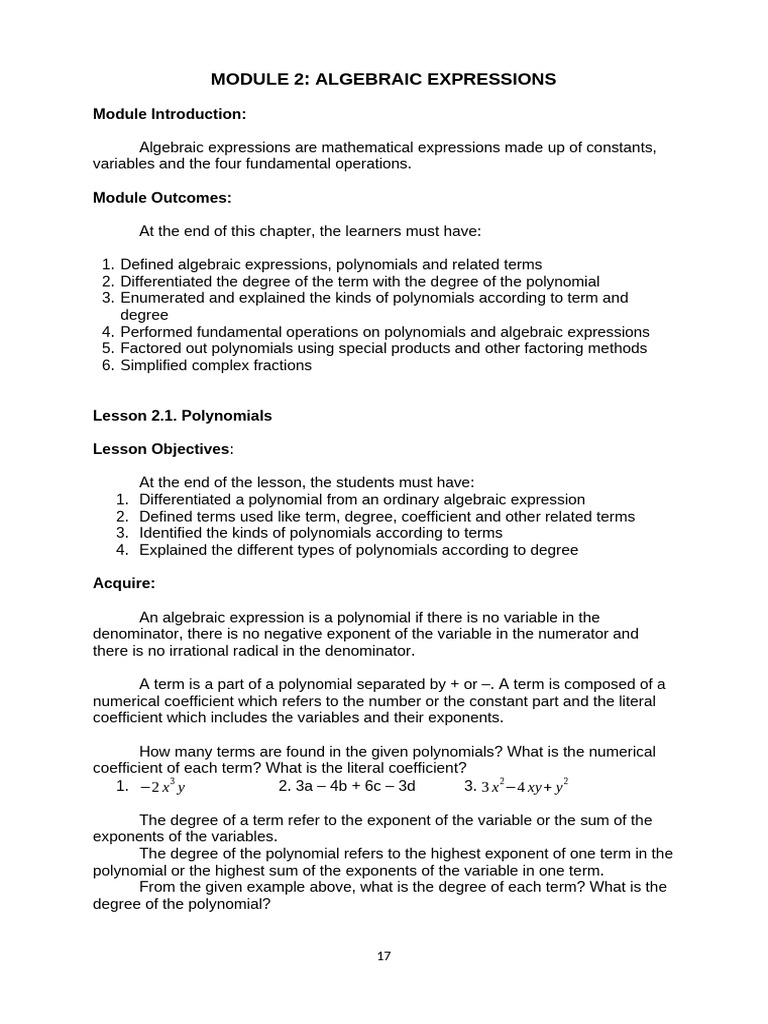 Module 2 Algebraic Expressions | PDF | Division (Mathematics) | Polynomial