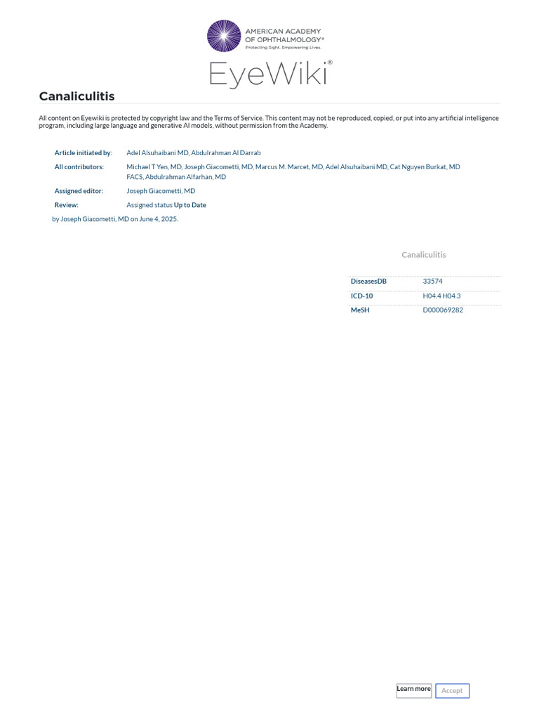 Canaliculitis - EyeWiki | PDF | Medical Specialties | Clinical Medicine