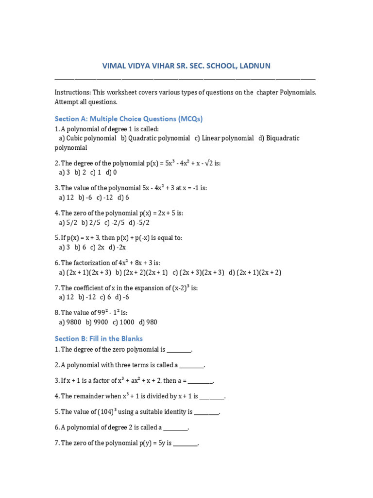 Worksheet of Polynomials-1 | PDF | Mathematics | Abstract Algebra